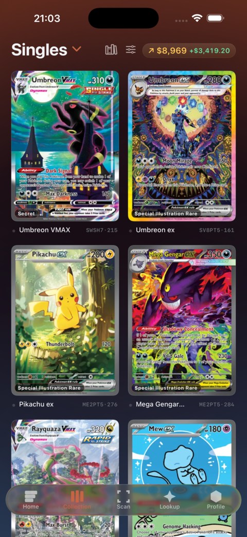 Collection grid of cards sorted by set and value
