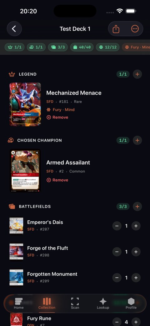 Deck builder with zones and legality
