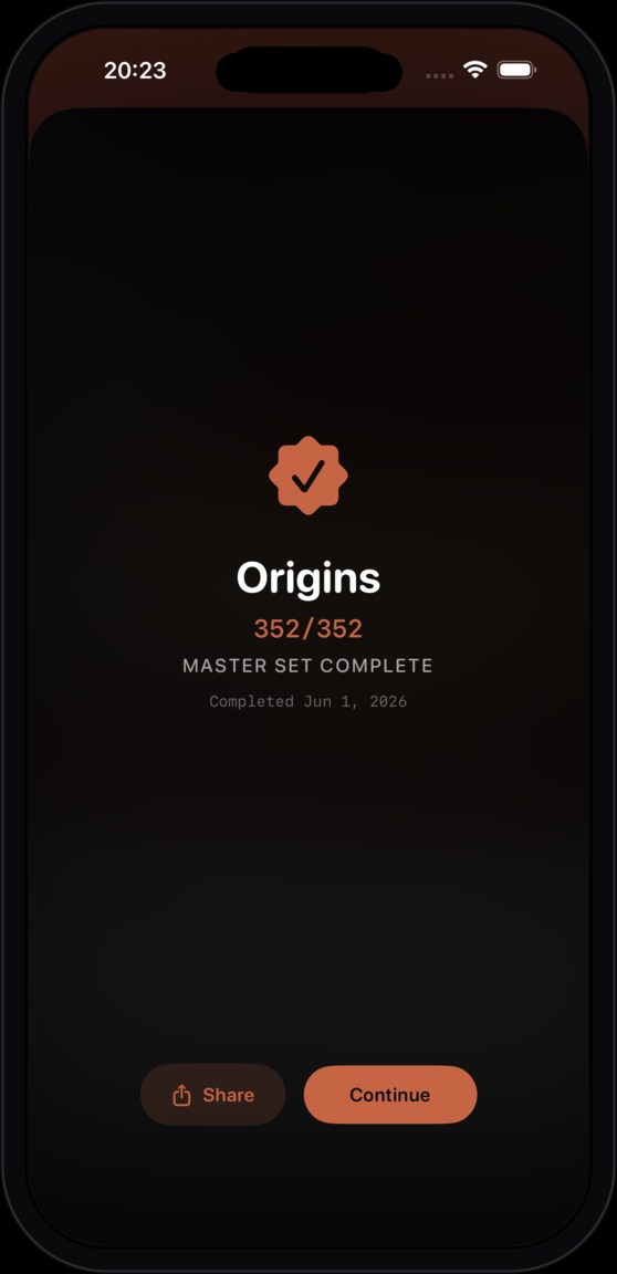 In-app ceremony: Origins 352 of 352, Master Set Complete